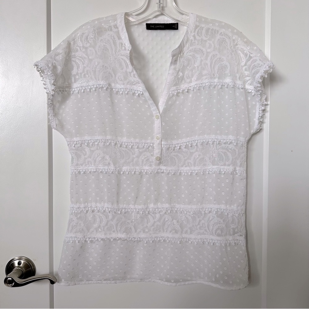 The Limited White Sheer Lace Clipdot Blouse Top